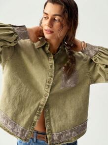 Bohemela 女式度假主题绿色水洗牛仔拼色植物印花长袖衬衫 - 彩色 - 查看 5