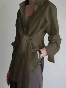 INAWLY Áo sơ mi nữ tay dài hở lưng thanh lịch cỡ lớn thắt eo - xanh quân đội - Xem 1