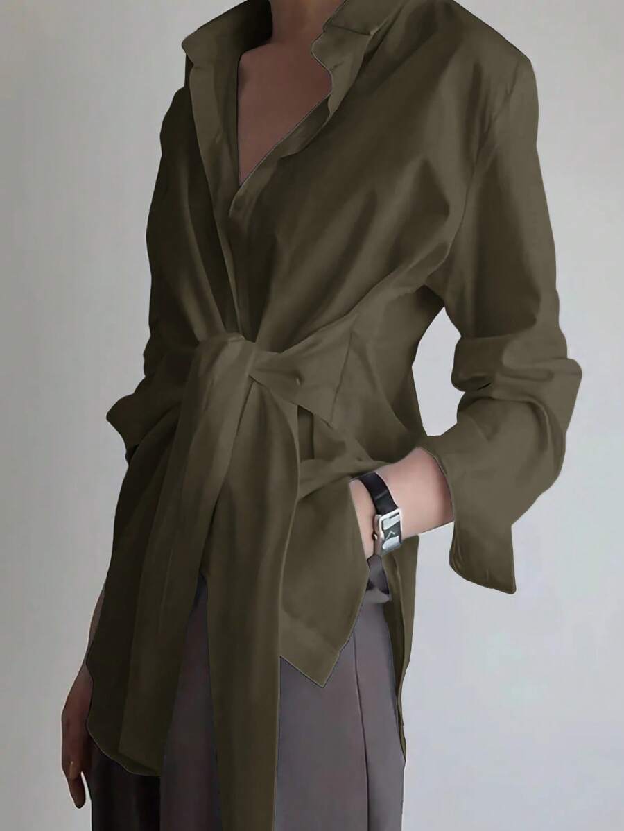 INAWLY Áo sơ mi nữ tay dài hở lưng thanh lịch cỡ lớn thắt eo - xanh quân đội - Xem 1