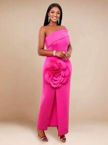 Sexy One Shoulder Tube Floral Bodycon Dress - Hot Pink - View 1