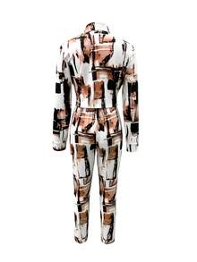 2pcs Women's Casual Printed Lapel Cardigan And Skinny Leggings Set - Multicolor - View 3