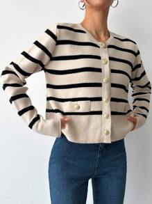 SHEIN Tall Striped Pattern Button Front Cardigan - Beige - View 5