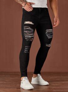 Manfinity LEGND Męskie czarne jeansowe obcisłe jeansy w stylu ulicznym z przetarciami - Czarne - Zobacz 5