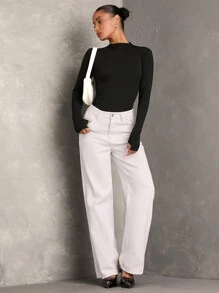 SHEIN BAE Women's Black Solid Color Comfortable Knitted Long Sleeve Minimalist Ruched Slim Fit Bodysuit, Casual & Versatile Daily Wear - Black - View 5