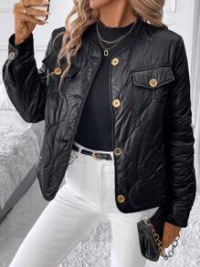 SHEIN Clasi Solid Color Button Front Long Sleeve Casual Padded Coat, Autumn/Winter Winter Women Coat - Multicolor - View 6