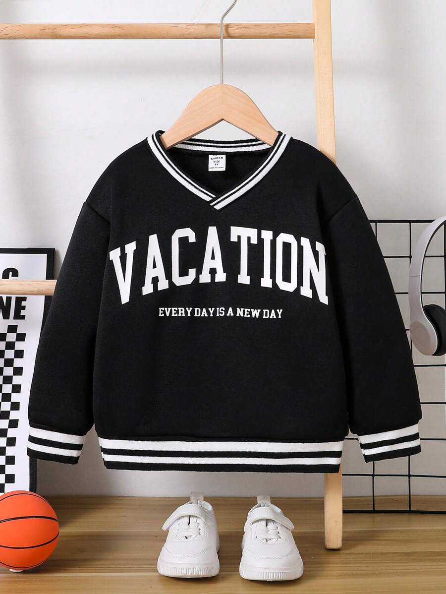 1pc Casual, Comfortable, Fashionable, Practical, Thick, Warm Young Boys Letter Print Sweatshirt Suitable For Daily Wear, School, Outing, Sports, Autumn/Winter Season - Black - View 1