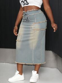 SHEIN SXY Plus Size Distressed Denim Skirt - Medium Wash - View 5