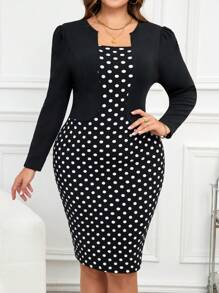 SHEIN Clasi 大码纯色拼布长袖及膝休闲连衣裙 - 黑與白 - 查看 5