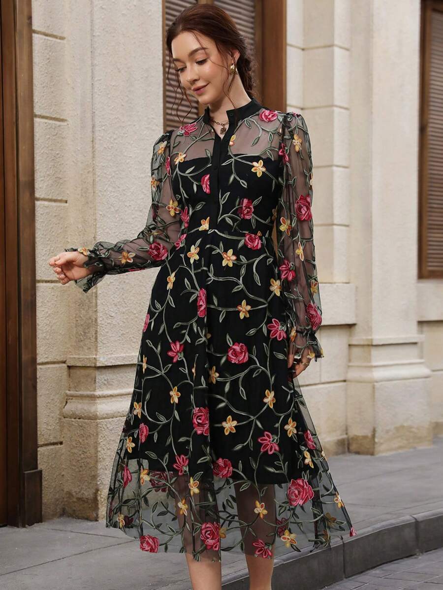 Aveloria Rosie Elegant French Tulle Embroidered Long Sleeve Dress - Black - View 1