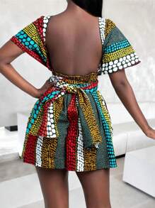 Women's Tropical Print Short Sleeve V-Neck Jumpsuit, Vacation Style - Multicolor - View 5