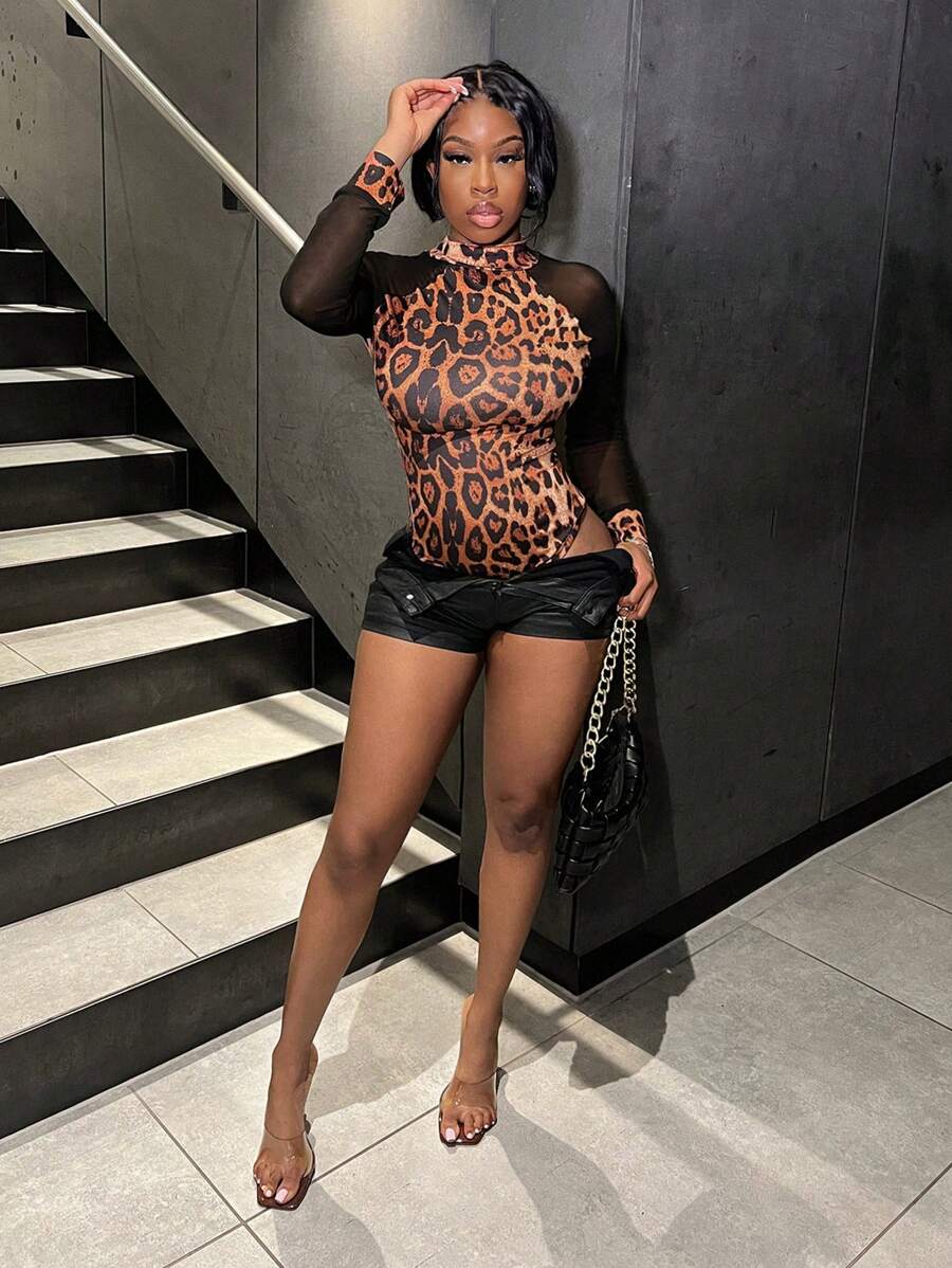 Zolique Bộ đồ liền thân lưới họa tiết da báo thời trang xuân hè cho nữ - Nhiều màu - Xem 1