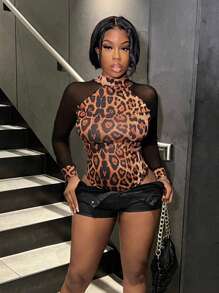 Zolique Bộ đồ liền thân lưới họa tiết da báo thời trang xuân hè cho nữ - Nhiều màu - Xem 3