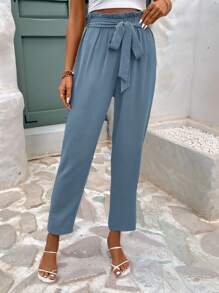 SHEIN Frenchy Pantalones largos casuales para mujeres con cintura ajustable de cordón y color sólido para uso diario