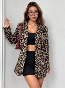 SHEIN EZwear 女士豹纹宽松西装外套 - 杏色 - 查看 6