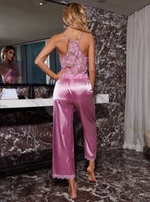 Women Solid Color Lace Contrast Sheer Sleeveless Pajama Top And Pants Set - Pink - View 3