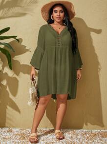 Swim Vcay Plus Size Solid Color V-Neck Lace Contrast Casual Long Sleeve Cover Up Summer - Army Green - View 3