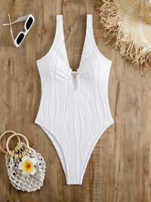 SHEIN Swim Women's Solid Color Textured One-Piece Swimsuit For Vacation Summer - White - View 4