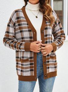SHEIN LUNE Women's Autumn V-Neck Plaid Button-Up Cardigan Sweater - Multicolor - View 4