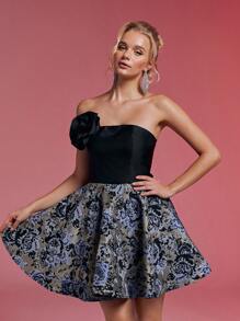 SHEIN Belle Elegant & Luxurious Cute Black Spliced Color Black Bustier Cup, Sumptuous Satin Jacquard Peplum Mini Skirt, Suitable For Graduation Ceremony, Vacation, Bachelorette Party, Wedding, Ball Gown, Semi Formal Prom Dress, For Birthday, Wedding Guest Homecoming