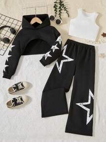 3 chiếc áo hoodie crop top in hình ngôi sao tuổi teen giản dị cho cô gái tuổi teen, quần cực dài và bộ áo ba lỗ màu trơn - màu đen - Xem 1