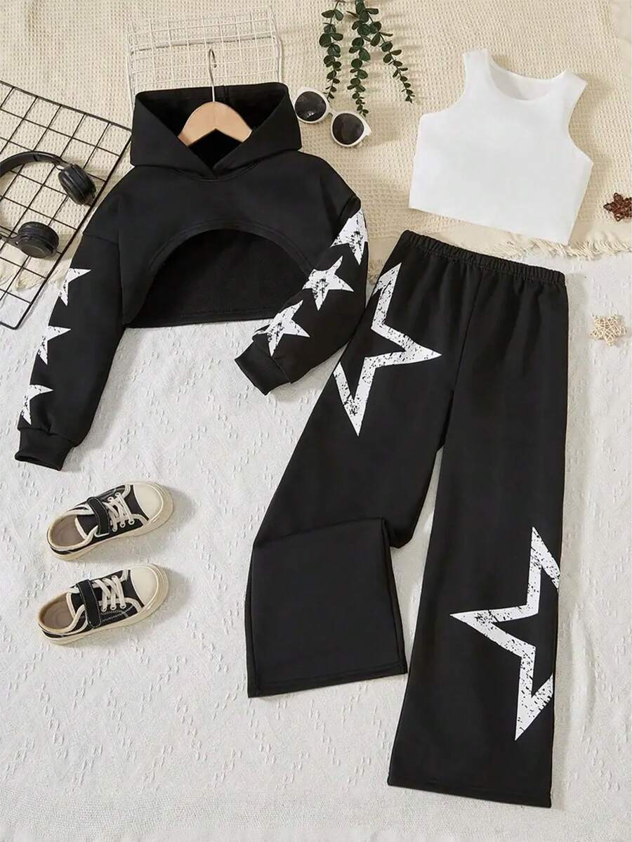 3 chiếc áo hoodie crop top in hình ngôi sao tuổi teen giản dị cho cô gái tuổi teen, quần cực dài và bộ áo ba lỗ màu trơn - màu đen - Xem 1