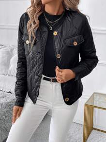 SHEIN Clasi Solid Color Button Front Long Sleeve Casual Padded Coat, Autumn/Winter Winter Women Coat - Multicolor - View 7