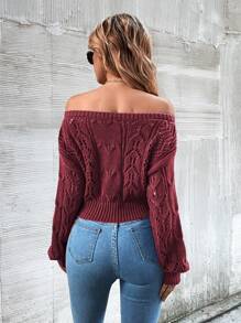Chiquease Plain Off-Shoulder Long Sleeve Minimalist Pullover Sweater, Casual Daily Wear,Long Sleeve Tops Knit Pullover Fall Winter Outfit - Burgundy - View 2