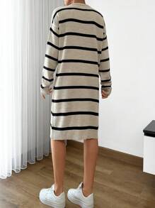 EURMUSE Women Striped Knit Design Knit Dress With Pocket And Button Details - Camel - View 2