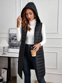 EMERY ROSE Áo khoác không tay có mũ trùm đầu túi thắt nơ màu trơn dành cho nữ, mùa thu đông - màu đen - Xem 6