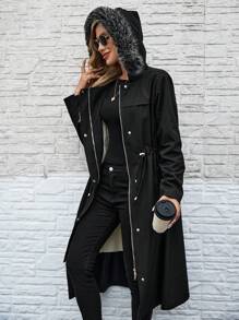 SHEIN LUNE Long Fleece Hooded Black Regular Jacket Warm Hooded Coat In Fall/Winter