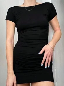 SHEIN SXY 适合日常穿着的女士纯色简约露背迷你连衣裙 - 黑色 - 查看 2