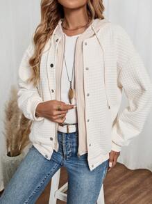 EMERY ROSE Women's Button Hooded Drawstring Long Sleeve Casual Loose Jacket - Apricot - View 1