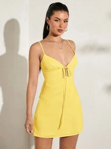 SHEIN BAE Đầm xòe chữ A hở lưng màu hồng gợi cảm dễ thương dành cho nữ, mùa hè - Màu vàng - Xem 2