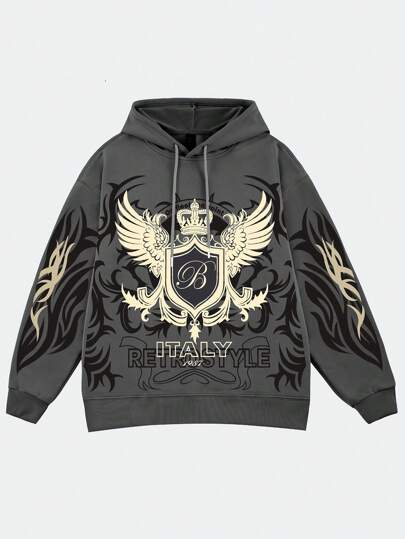 Street Life Men Watermark + Foaming Print Pattern Loose Fit Hoodie Sweatshirt, Vintage Streetwear (Reinforced Collar, Hem And Shoulder Seams To Prevent Deformation)