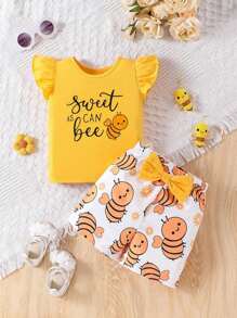 SHEIN Vintaside Kids Baby Girls' Cute Bee Print Cap Sleeve Summer Outfit, Comfortable For Outdoor Play Yellow Outfit For Baby Girlbaby Girl Yellow Outfitbaby Girl Summer Set