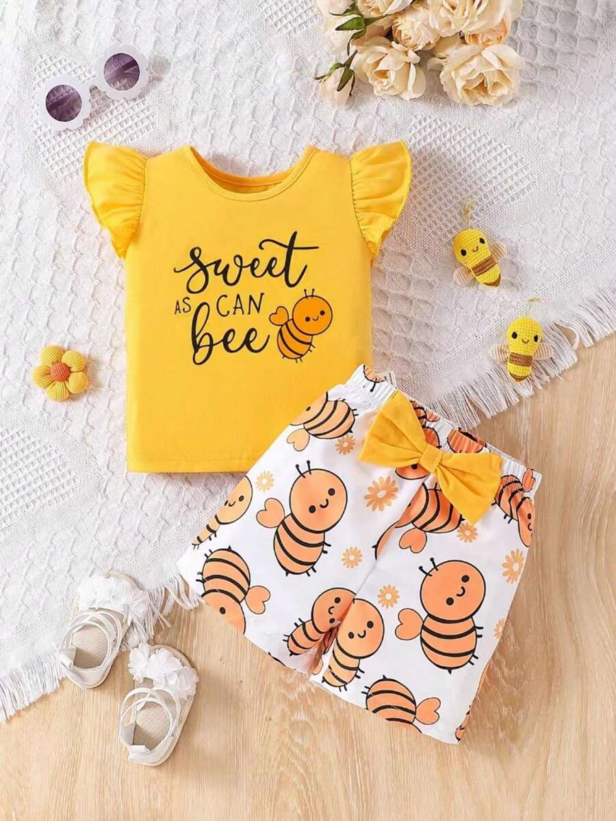 SHEIN Vintaside Kids Baby Girls' Cute Bee Print Cap Sleeve Summer Outfit, Comfortable For Outdoor Play Yellow Outfit For Baby Girlbaby Girl Yellow Outfitbaby Girl Summer Set