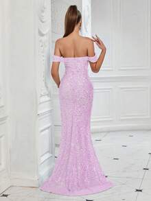 ADYCE Đầm maxi trơn màu, đính sequin, hở vai, xẻ lưng, có thắt lưng, thích hợp cho tiệc prom hoặc đi học. - Màu tím hoa cà - Xem 2