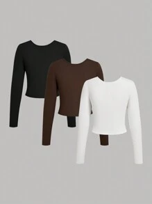 SHEIN Teen Girl Buy 1 Get 2 Free 3pcs/Set Black, White, Brown Casual Reversible Thermal Lined Warm Long Sleeve Fitted Cropped T-Shirts, Fall Top - Multicolor - View 2