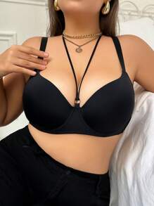 Plain Solid Color Minimalist Lace-Up Halter Neck Wireless Padded Bra For Women, Plus Size , Black - Black - View 5