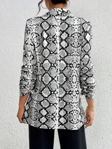 SHEIN Essnce 女士春夏休闲蛇皮图案翻领西装外套 - 黑與白 - 查看 2