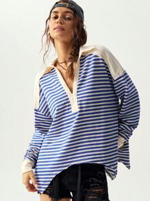Bohemela Camiseta de manga larga holgada con escote delantero abierto, de punto a rayas azules y blancas, con bajo asimétrico, para mujer, otoño