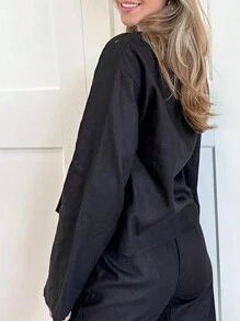 INAWLY 女士纯色 V 领扭纹长袖休闲黑色女式衬衫 - 黑色 - 查看 2