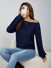 SHEIN PETITE Pullover Slanted Shoulder Ribbed Women's Sweater,Long Sleeve Tops