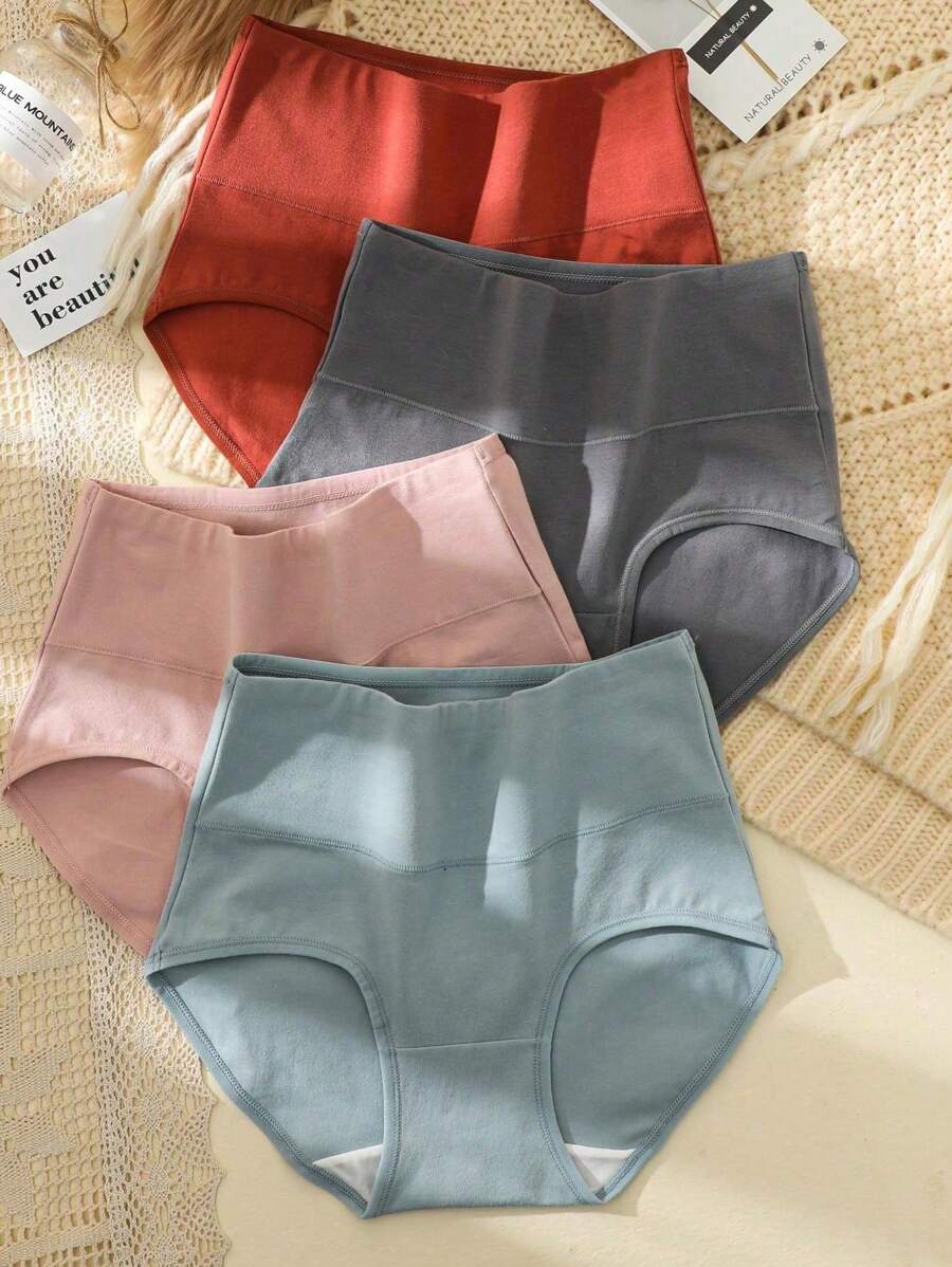 4pcs/Pack Women's High Waist Cotton Solid Color Briefs, Casual Comfortable Minimalist Stretchy Breathable Panties - 彩色 - 查看 1