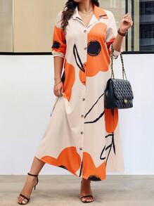 EMERY ROSE Đầm Maxi Tay Dài In Hoa Văn Ngẫu Nhiên Cài Nút Phía Trước Cho Nữ - trái cam - Xem 6