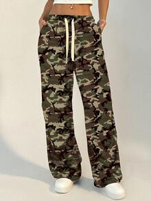 SHEIN Unity Women's Minimalist Casual Camouflage Element Sweatpants - Army Green - View 5
