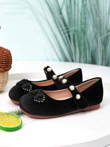 Square Toe Girls Pearl Decor Flat Casual Shoes, Spring & Autumn - Black - View 5