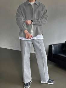 DAZY Men's Solid Color Button Front Pocket Long Sleeve Baggy Shirt,Fall Clothes - Light Grey - View 5