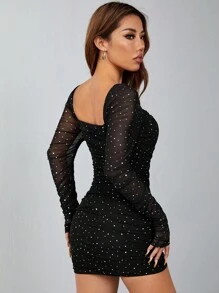 SHEIN PETITE 亮片褶皱方领长袖女式迷你连衣裙 - 黑色 - 查看 2