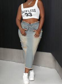 SHEIN SXY Plus Size Distressed Denim Skirt - Medium Wash - View 6